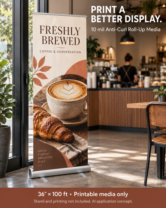 AI application concept: café promotion on a retractable floor banner. 36-inch by 100-foot printable media roll only; stand and printing not included.