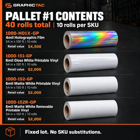 Pallet #1 contents: 10 rolls each of 1000-H01X-GP holographic film, 1000-151-GP gloss vinyl, 1000-152-GP matte vinyl and 1000-152R-GP removable matte vinyl.