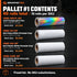 Pallet #1 contents: 10 rolls each of 1000-H01X-GP holographic film, 1000-151-GP gloss vinyl, 1000-152-GP matte vinyl and 1000-152R-GP removable matte vinyl.