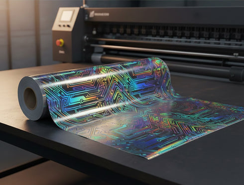 Rainbow holographic printable vinyl sheet on worktable
