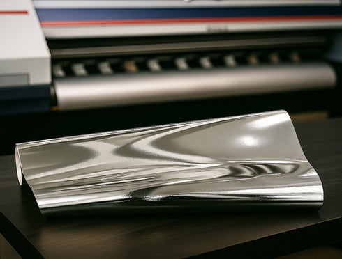 Mirror-like silver chrome permanent w/bubble free solvent-printable 20in x 100ft