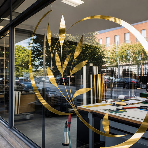 Graphictac mirror-like gold chrome bubble-free printable vinyl used for retail window graphics