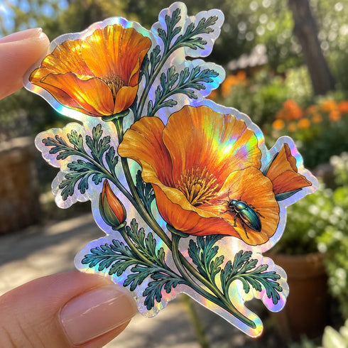 AI application concept — Rainbow holographic printable vinyl: Illustrated floral holographic sticker catching sunlight outdoors