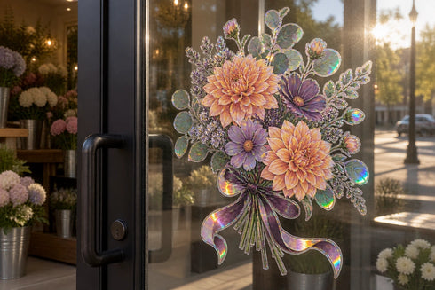 AI application concept — Rainbow holographic printable vinyl: Printed floral holographic window decal in natural sunlight