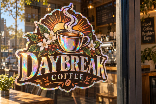 AI application concept — Rainbow holographic printable vinyl: Holographic coffee shop logo on a storefront window