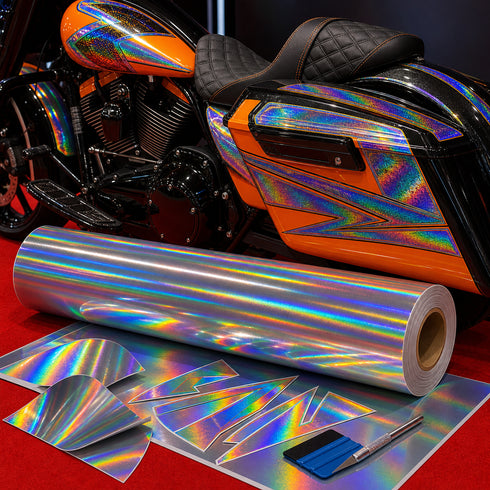 Graphictac rainbow holographic printable vinyl roll motorcycle decal application with roll and sheets