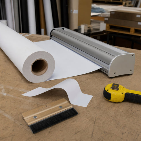 Graphictac 10mil anti-curl roll-up banner media installed into a retractable banner stand base