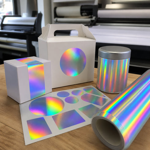 Graphictac rainbow holographic printable vinyl used for premium packaging decals