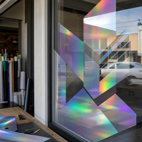 Graphictac rainbow holographic printable vinyl used for retail window graphics
